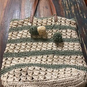 Nordstrom Green and Cream Crochet Tote